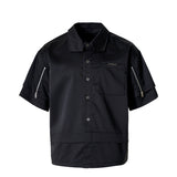Double-Zip Double-Layer Short-Sleeve Polo Shirt with Metal Texture