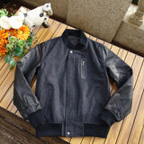 Quilted Sleeve Cowhide Leather Baseball Jacket Warm and Stylish