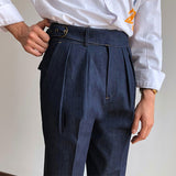 Flanging Pleated Primary Color Red Ear Denim Trousers