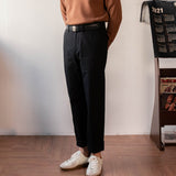 Herringbone Pattern Canvas Mid-waist Slim Casual Trousers Pants
