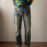 Washed Red Ear Denim Slim Straight Hole Jeans