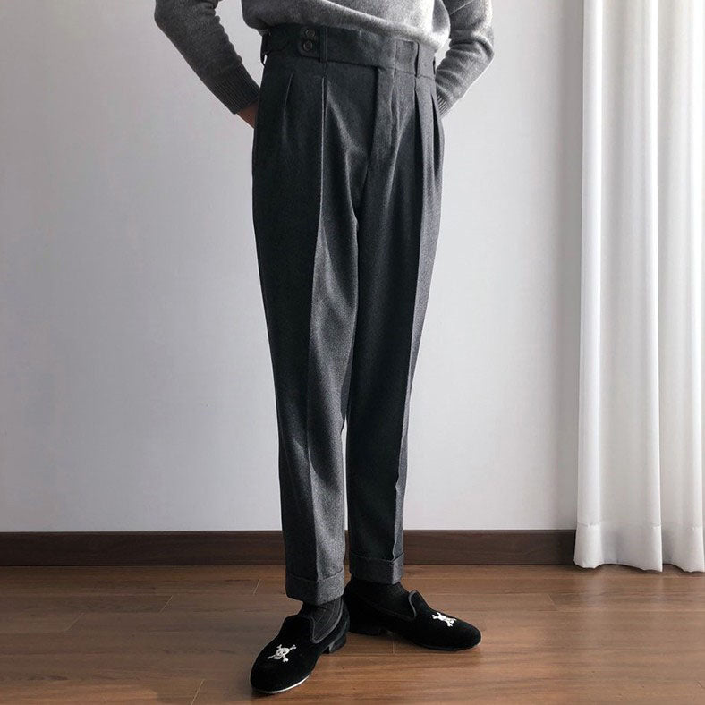 Pleated Curling Mid-high Waist Wool Casual Trousers