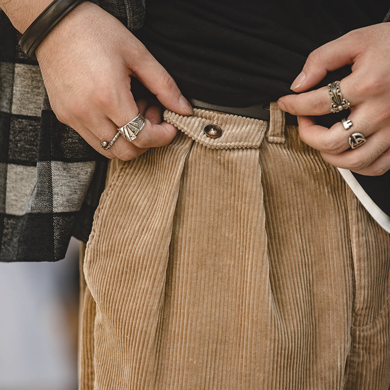 Khaki Corduroy Wide-Leg Pants