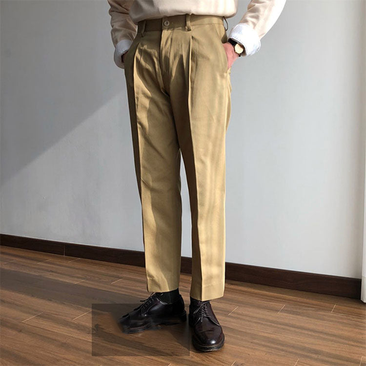 Single Pleated Twill Chino Straight Cotton Trousers