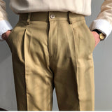 Single Pleated Twill Chino Straight Cotton Trousers