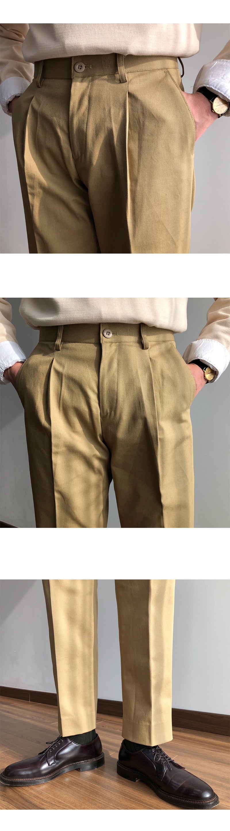 Single Pleated Twill Chino Straight Cotton Trousers