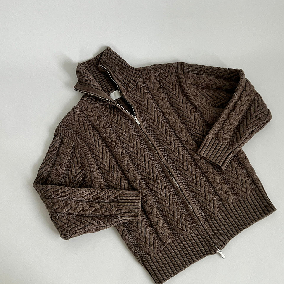 Retro Hemp Pattern Sweater Jacket Men's High Collar Zipper Cardigan