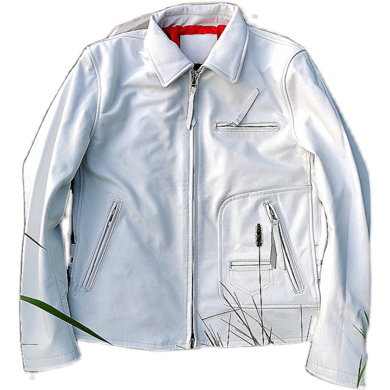 Pure White Layer Cowhide Lapel Waist Motorcycle Leather Jacket