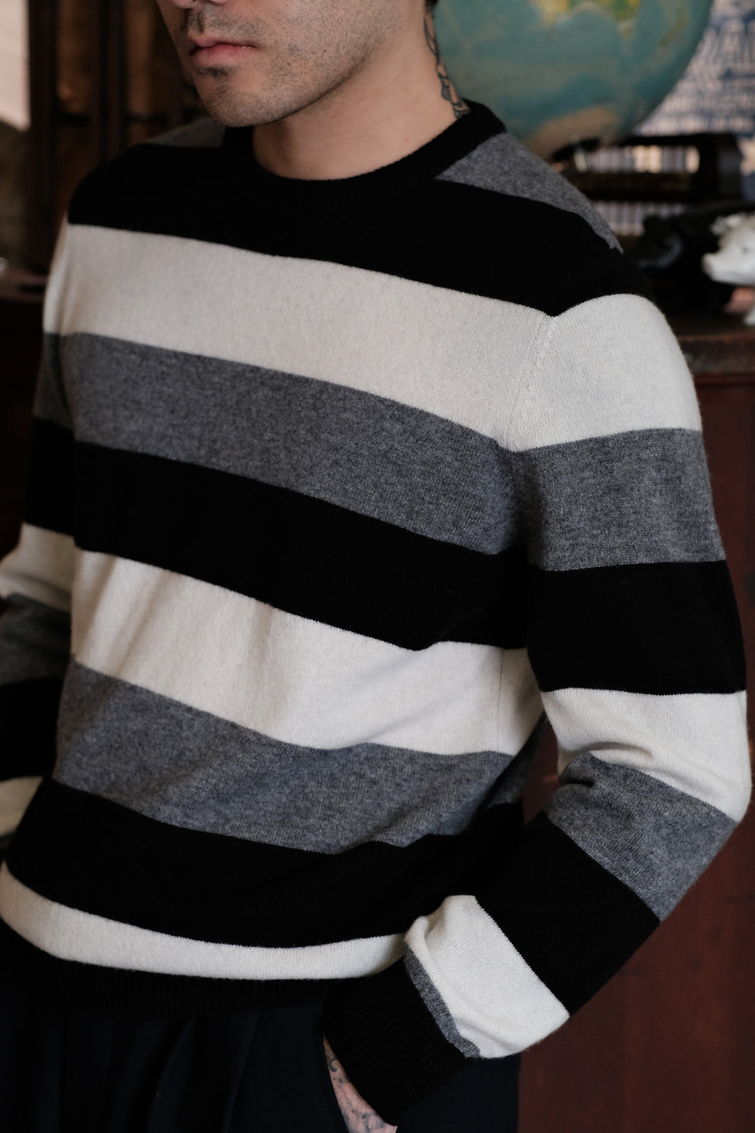 Cashmere Striped Round Neck Sweater