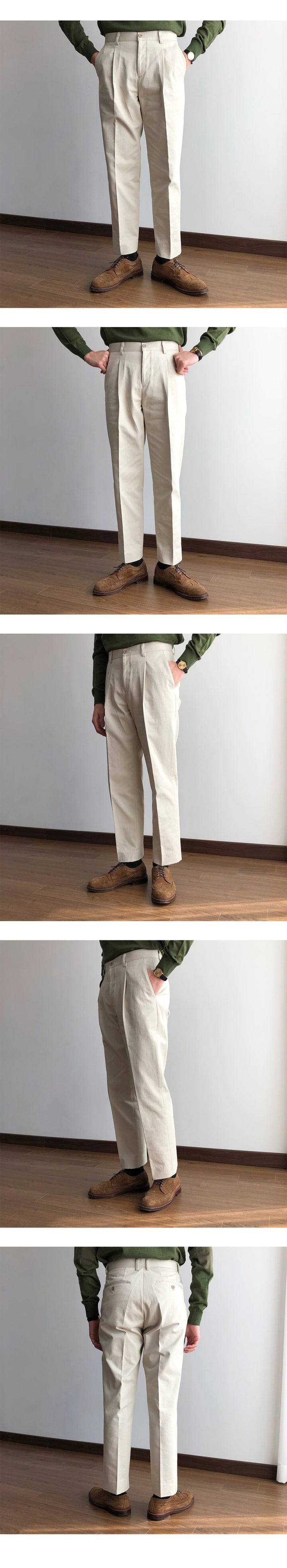 Single Pleated Twill Chino Straight Cotton Trousers