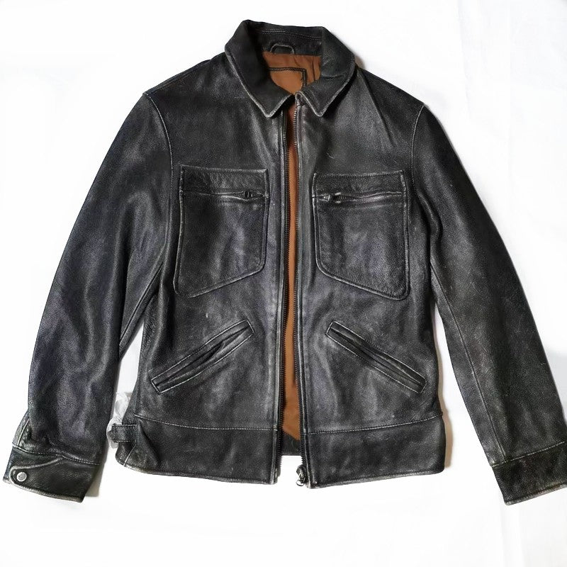 Cowhide Lapel Zipper Genuine Leather Jacket