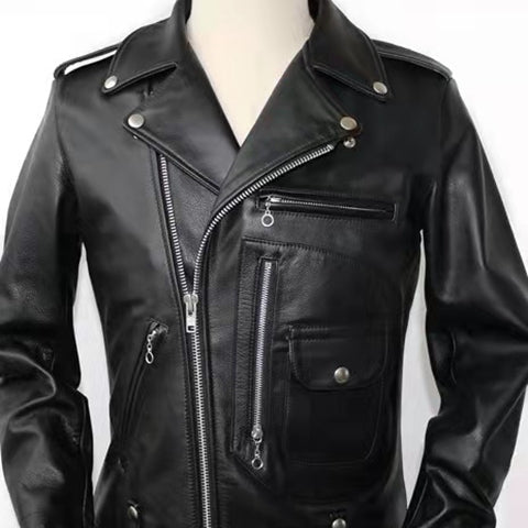 Slim-fit Cable-stayed Motorcycle Leather Jacket