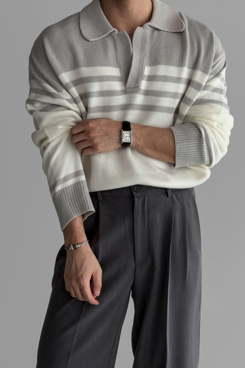 Lapel Striped Sweater