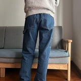 Japanese Trendy Retro Tiger Cub Men's Jeans: Solid Color Tooling Pants