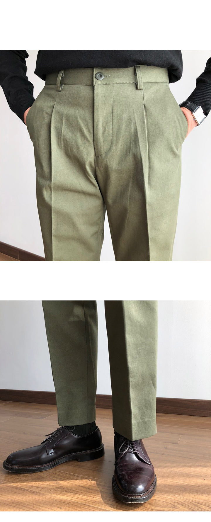 Single Pleated Twill Chino Straight Cotton Trousers