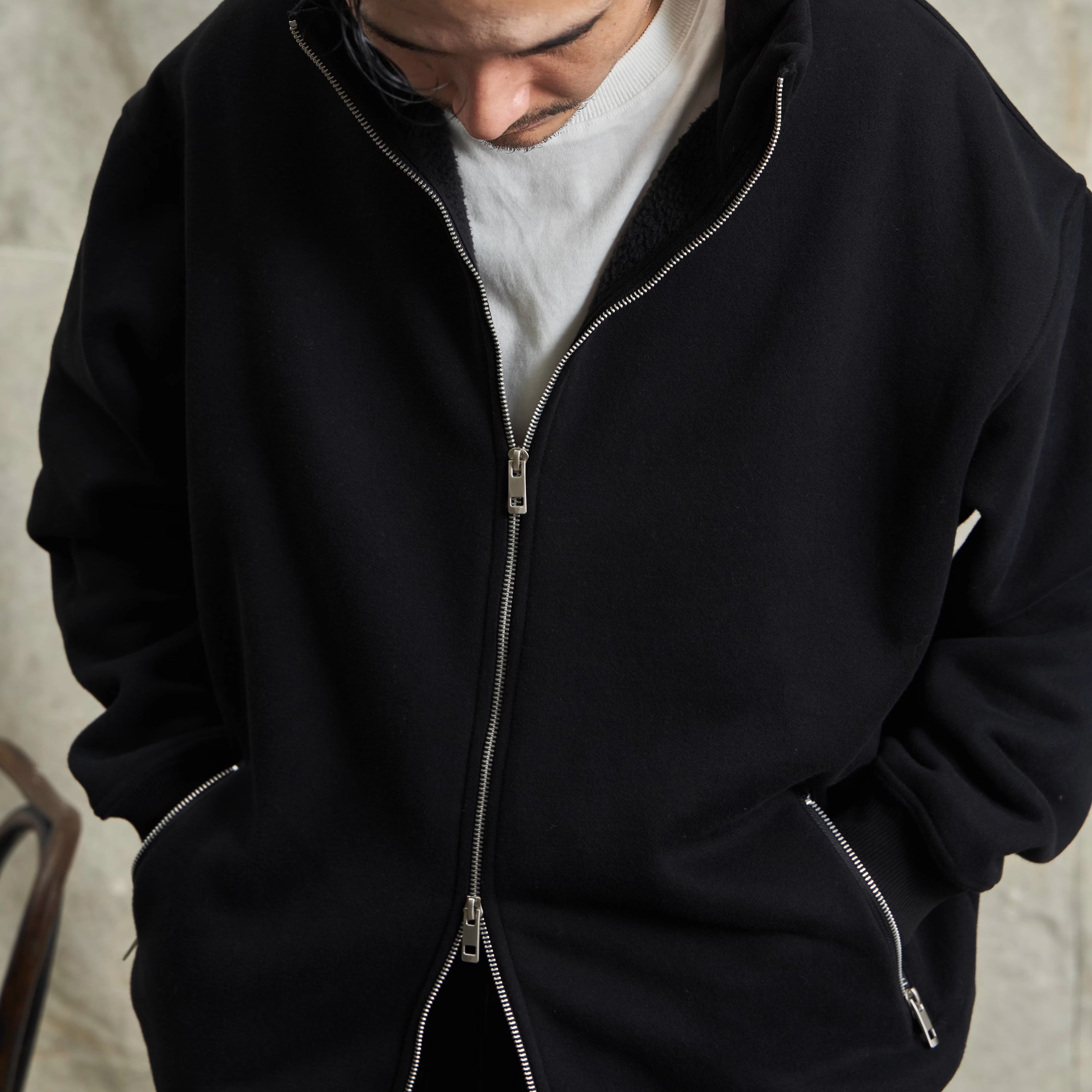 Double-Zip Sweater Jacket with Brushed Velvet Lining