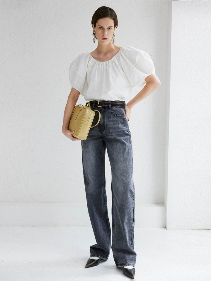 Linen Puff Sleeve Crop Top