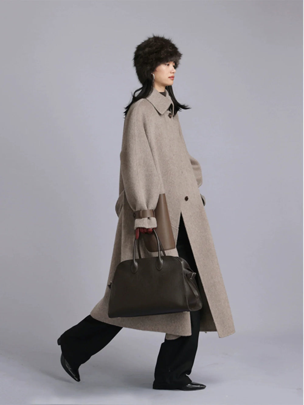 Lambskin Spliced Woolen Coat