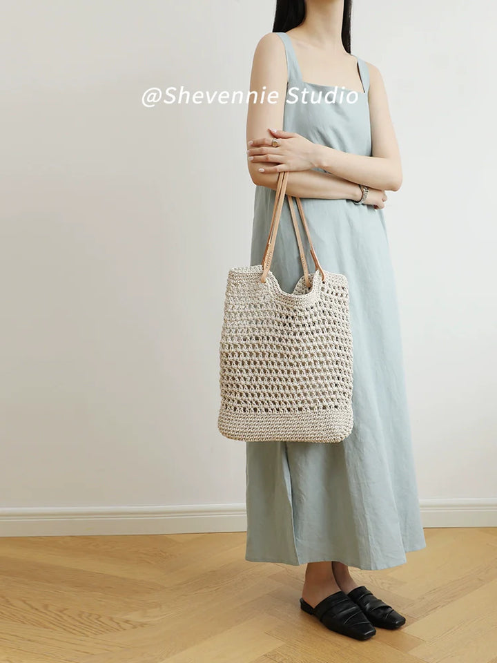 Genuine Leather Woven Shoulder Tote