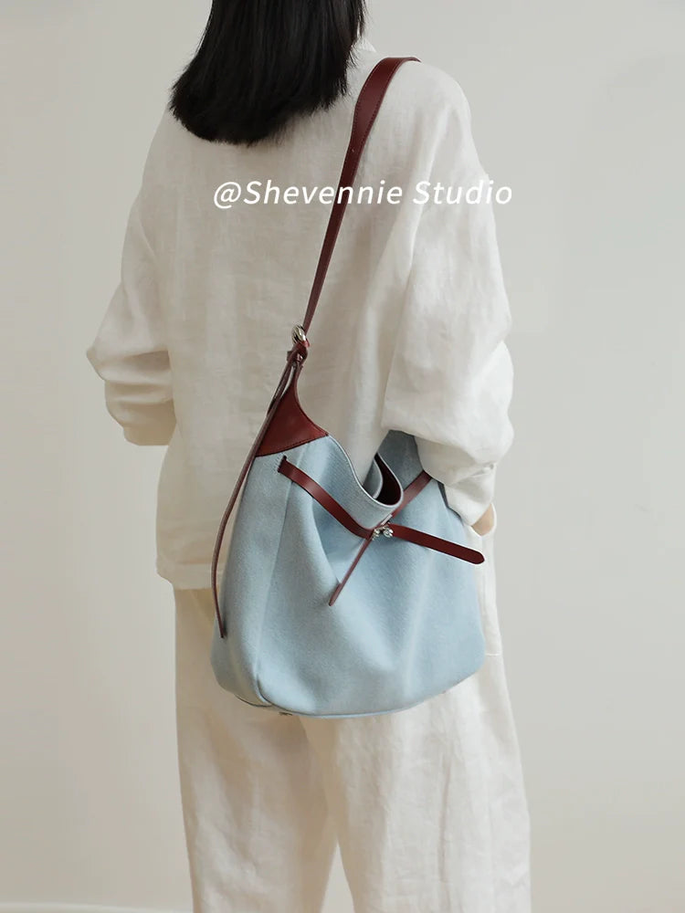 Washed Denim Leather Tote