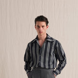 Men's Handcrafted Striped Cotton Cuban Collar Long Sleeve Shirt - Spring Casual Luxury Base Layer