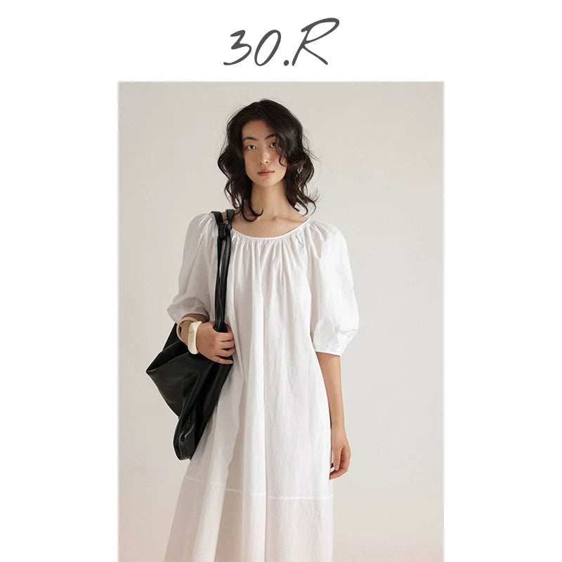 Natural Cotton Pleated Midi Dress