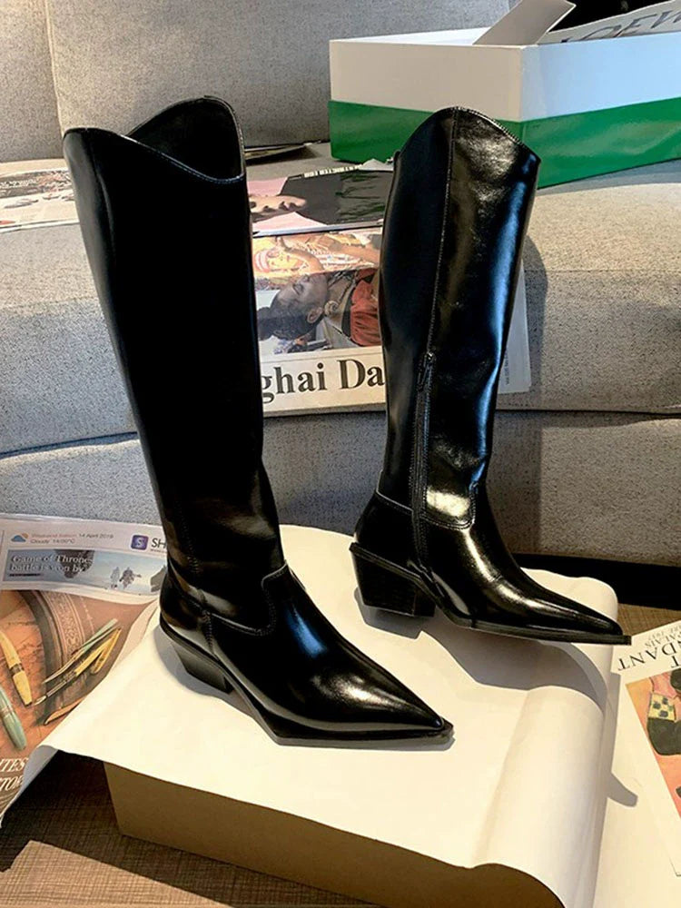 Pointed Leather Biker Boots