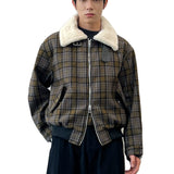 Men's Winter Retro Plaid Lamb Fake Collar Can Be Weared Two-Wear Checkered Padded Jacket-Type Short Jacket