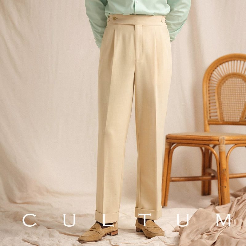 Men's Italian Herringbone Linen Naples Trousers - Wrinkle-Free High-Drape Luxury Suit Pants