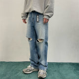 Korean Men's Trendy Knee Brushed White Wide-Leg Jeans for Spring/Summer