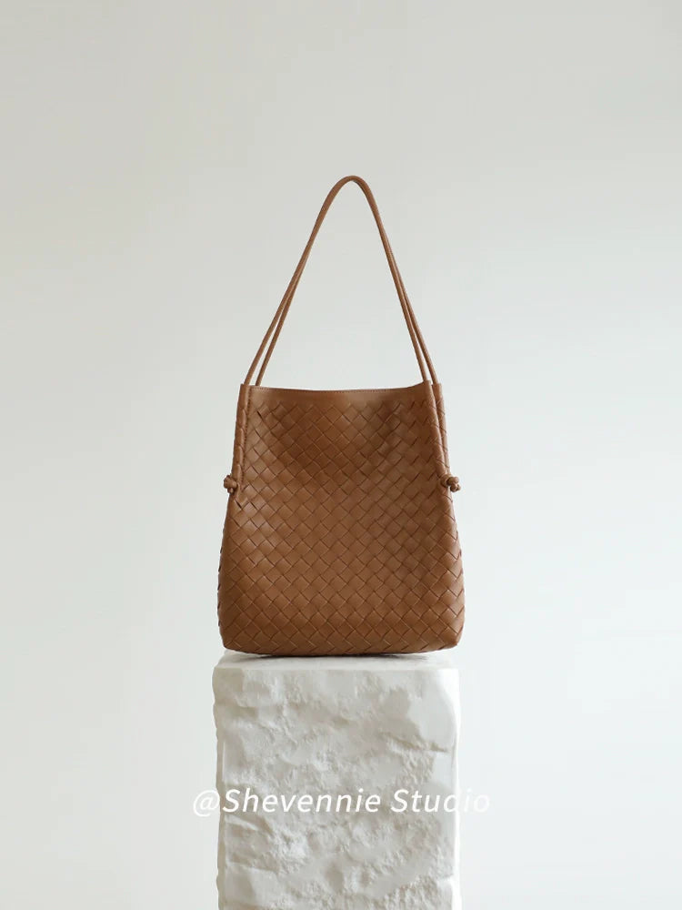 Woven Leather Bucket Tote