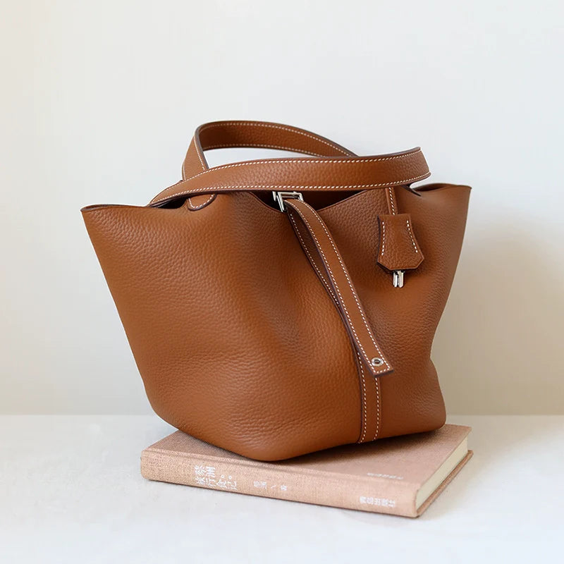 Golden Brown Leather Bucket Bag