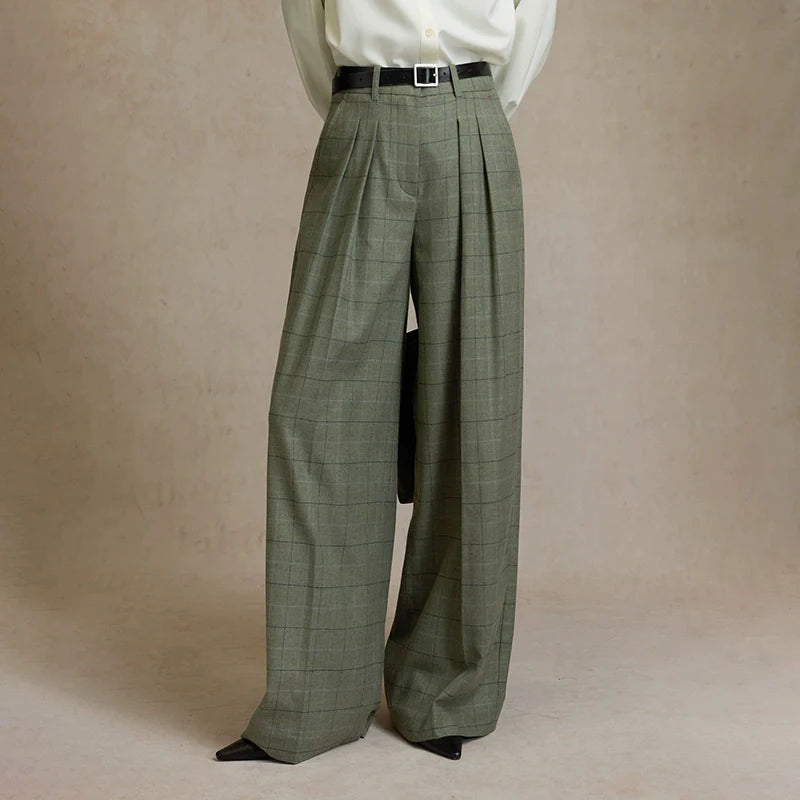 Wool Plaid Wide-Leg Trousers