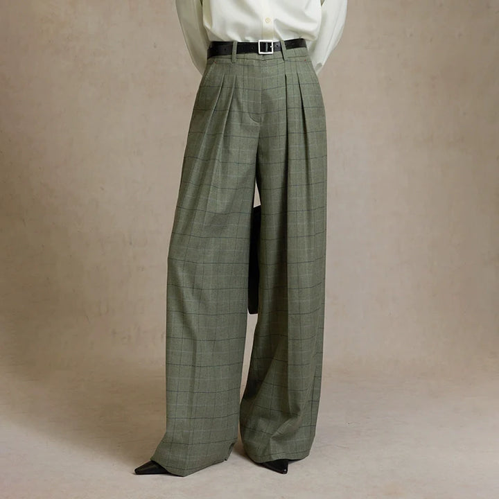 Wool Plaid Wide-Leg Trousers