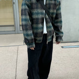 Retro Green Plaid Coat - Knitted Collar, Korean Style Loose Jacket for Autumn/Winter