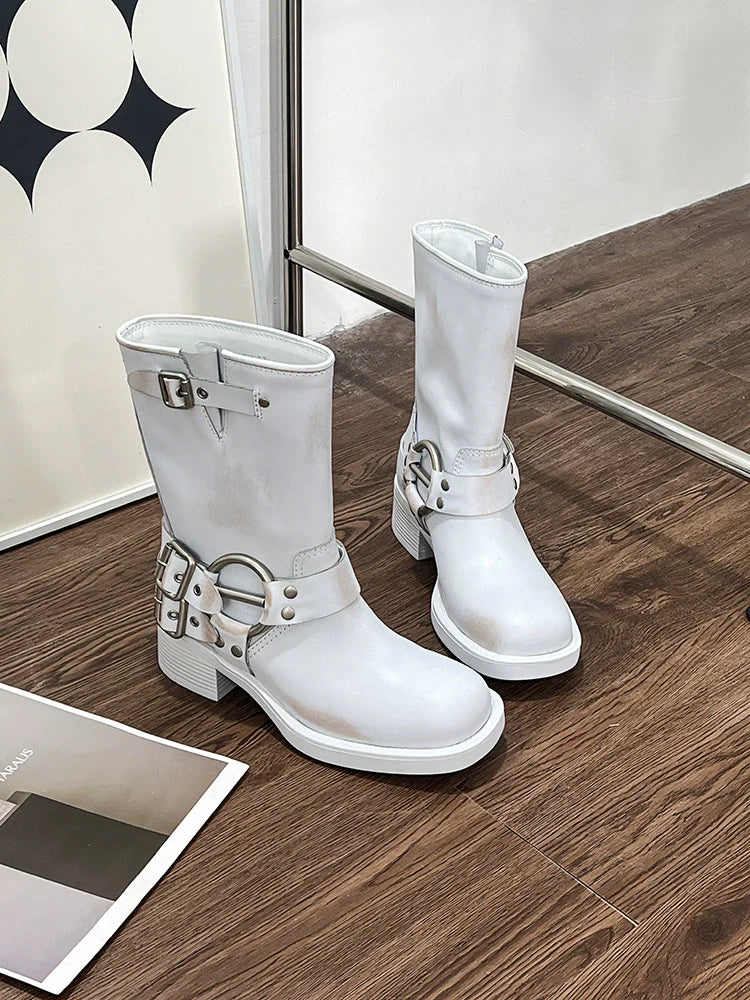 White Metal Buckle Biker Boots