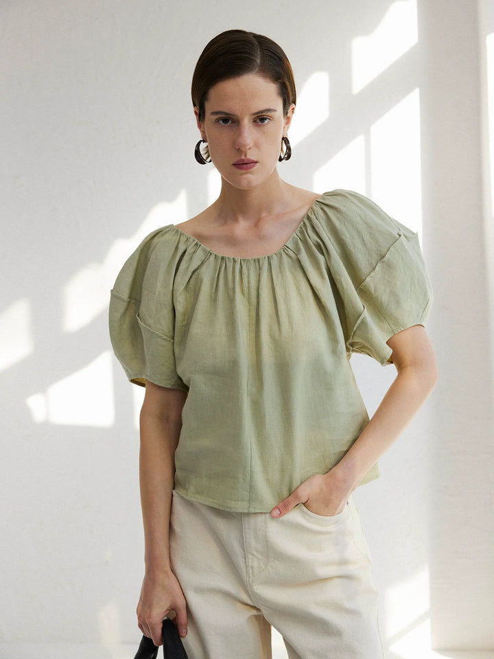 Linen Puff Sleeve Crop Top