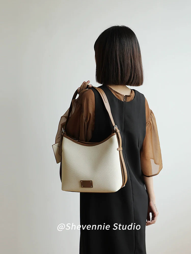 Contrast Leather Bucket Bag