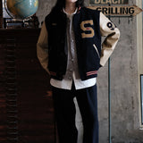 Heavy Leather Wool Baseball Jacket with Embroidery