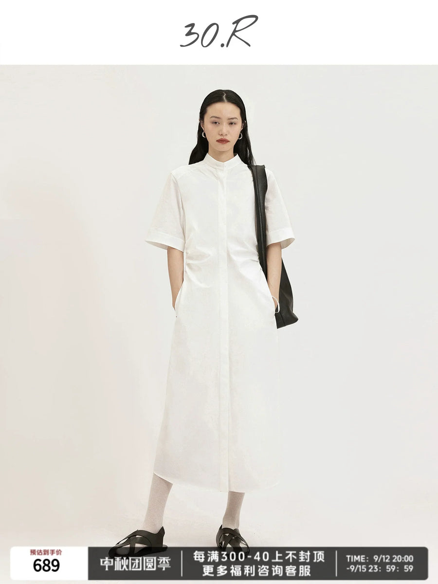 Cotton Pleated Midi Shirt Dress