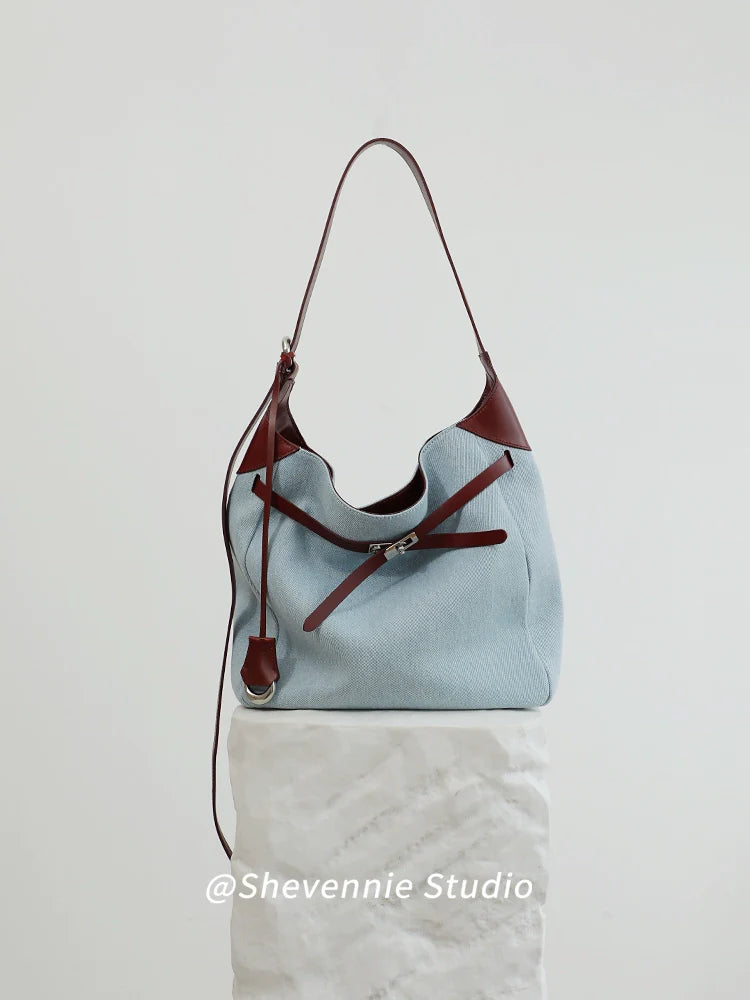 Washed Denim Leather Tote