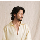 Deep V-Neck Lapel Luxurious Heavyweight Twill Acetate Tencel Linen Men's Shirt with Silk Satin Cool Touch