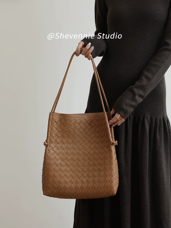 Woven Leather Bucket Tote