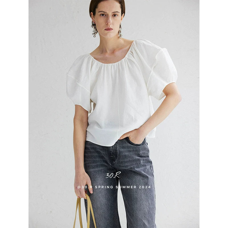 Linen Puff Sleeve Crop Top