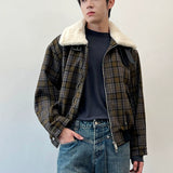 Men's Winter Retro Plaid Lamb Fake Collar Can Be Weared Two-Wear Checkered Padded Jacket-Type Short Jacket