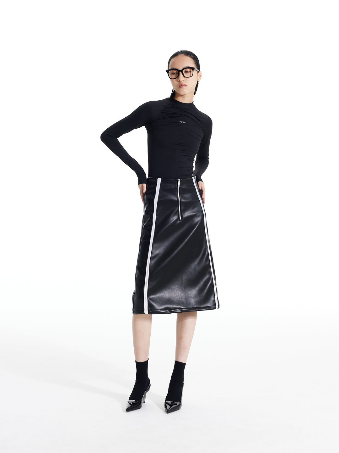 Reflective Leather Midi Skirt