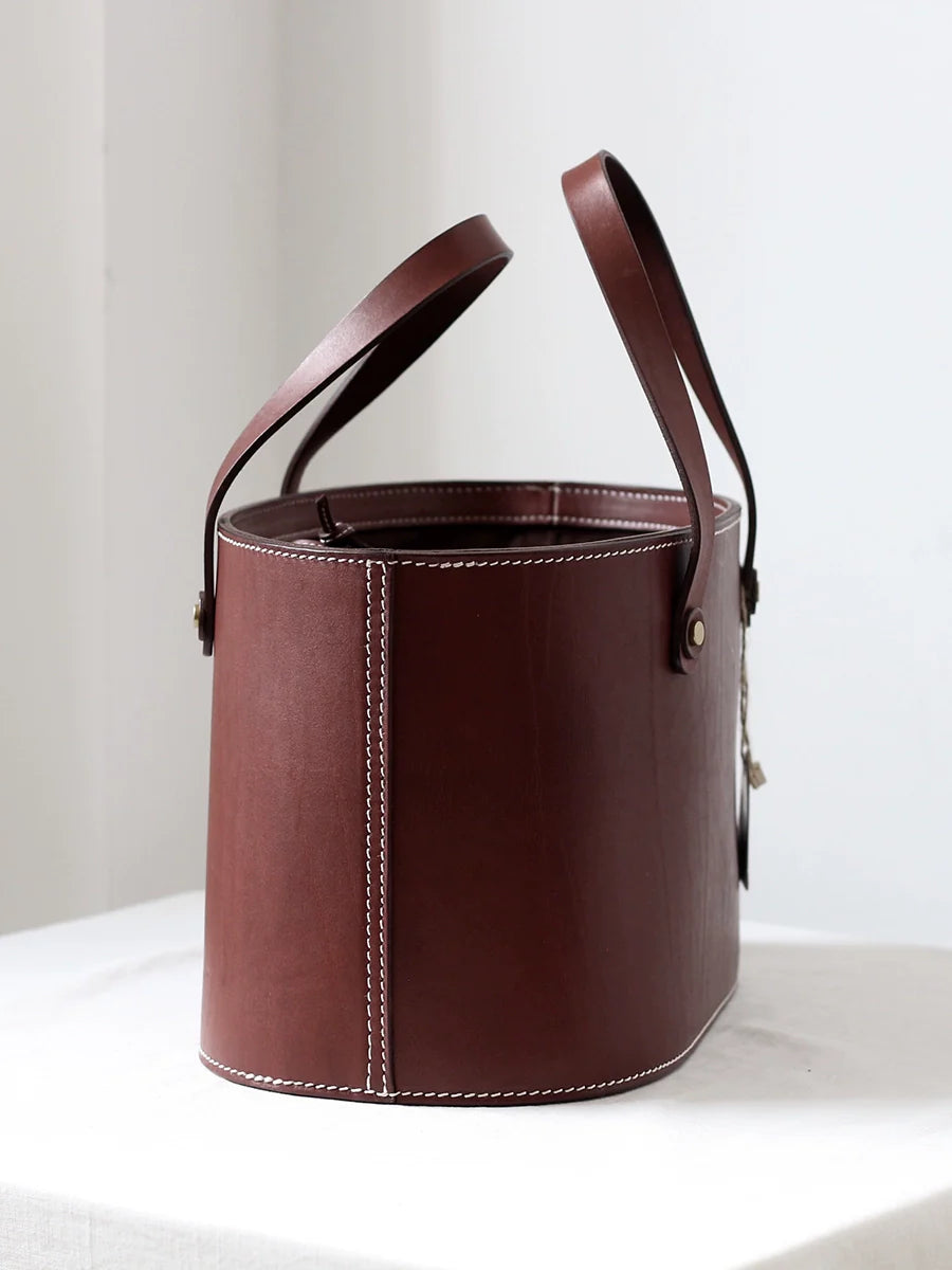 Coffee Brown Leather Bucket Bag