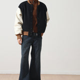 Retro Heavy Grain Wool Jacket - Contrast Color, Pu Leather Sleeves, Green Fruit Collar for a Stylish Baseball Vibe