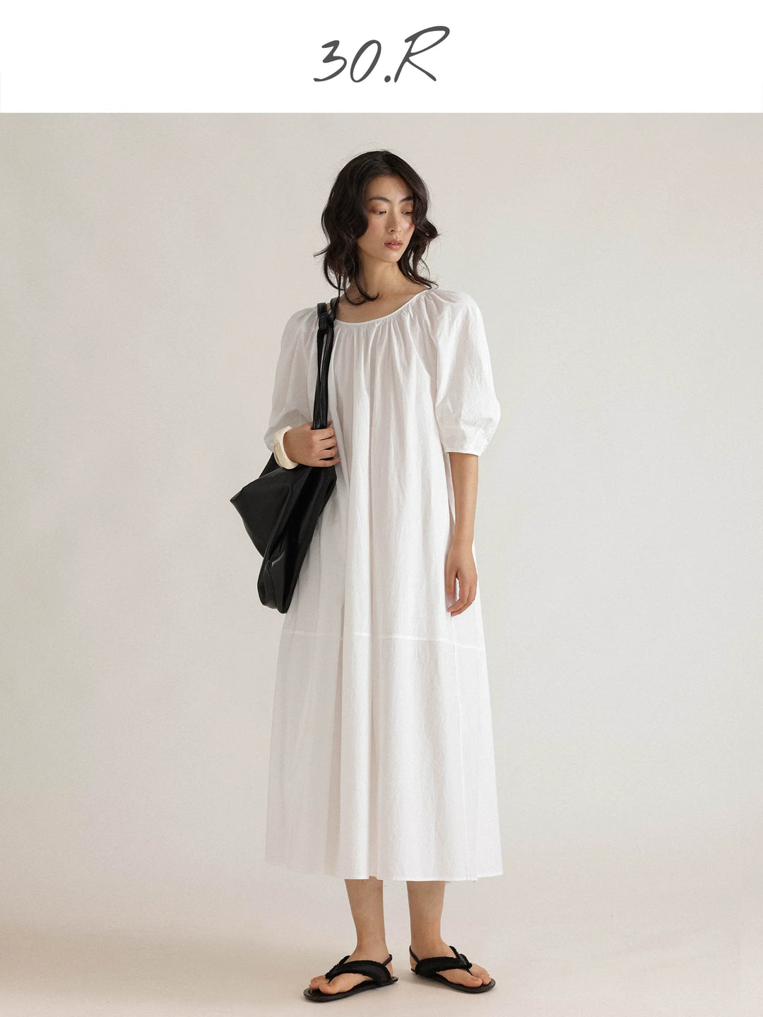 Natural Cotton Pleated Midi Dress