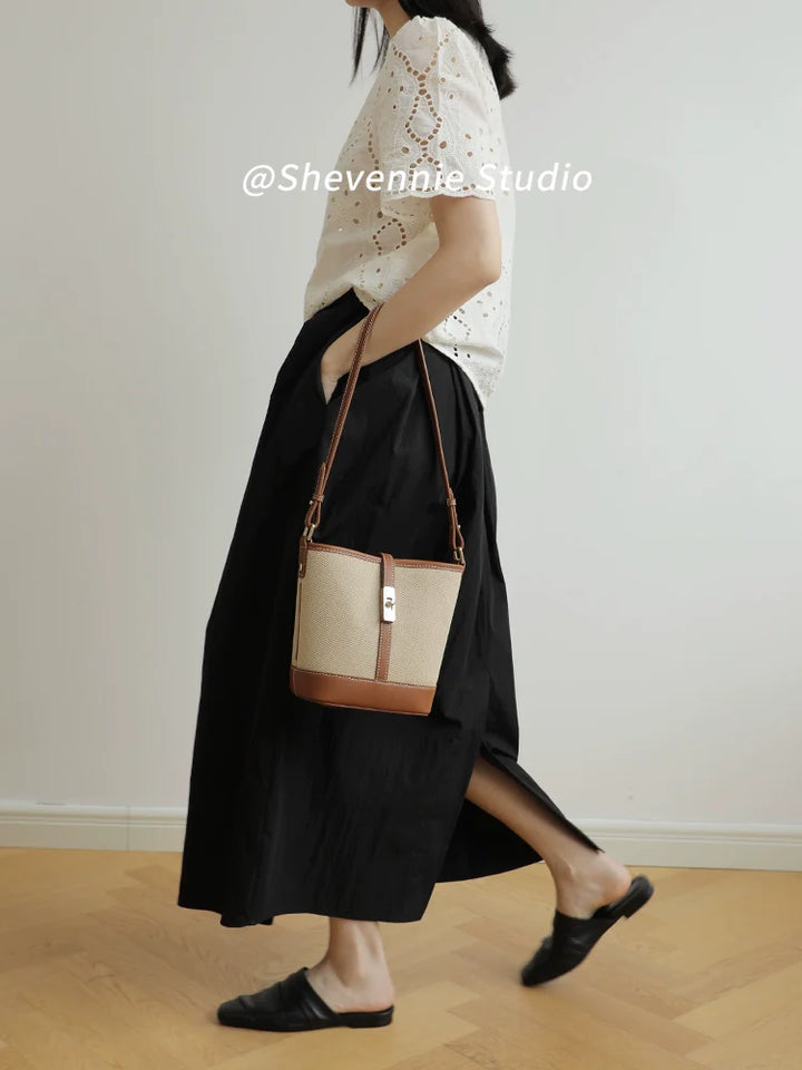 Canvas and Leather Bucket Bag